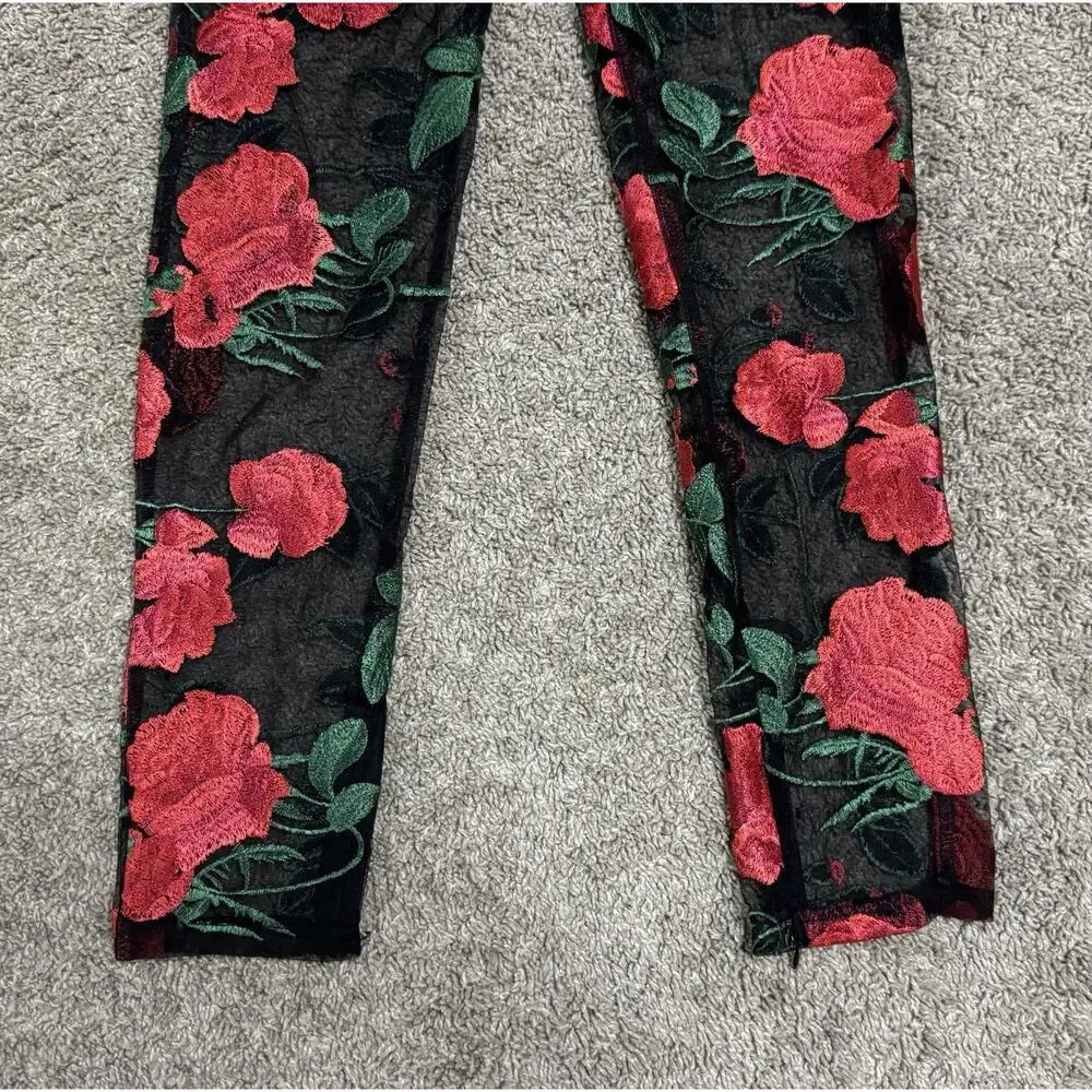 JAGGER & STONE Sheer Red Rose Embroidered Mesh Pants Zip Ankles Floral Size S - Picture 7 of 11